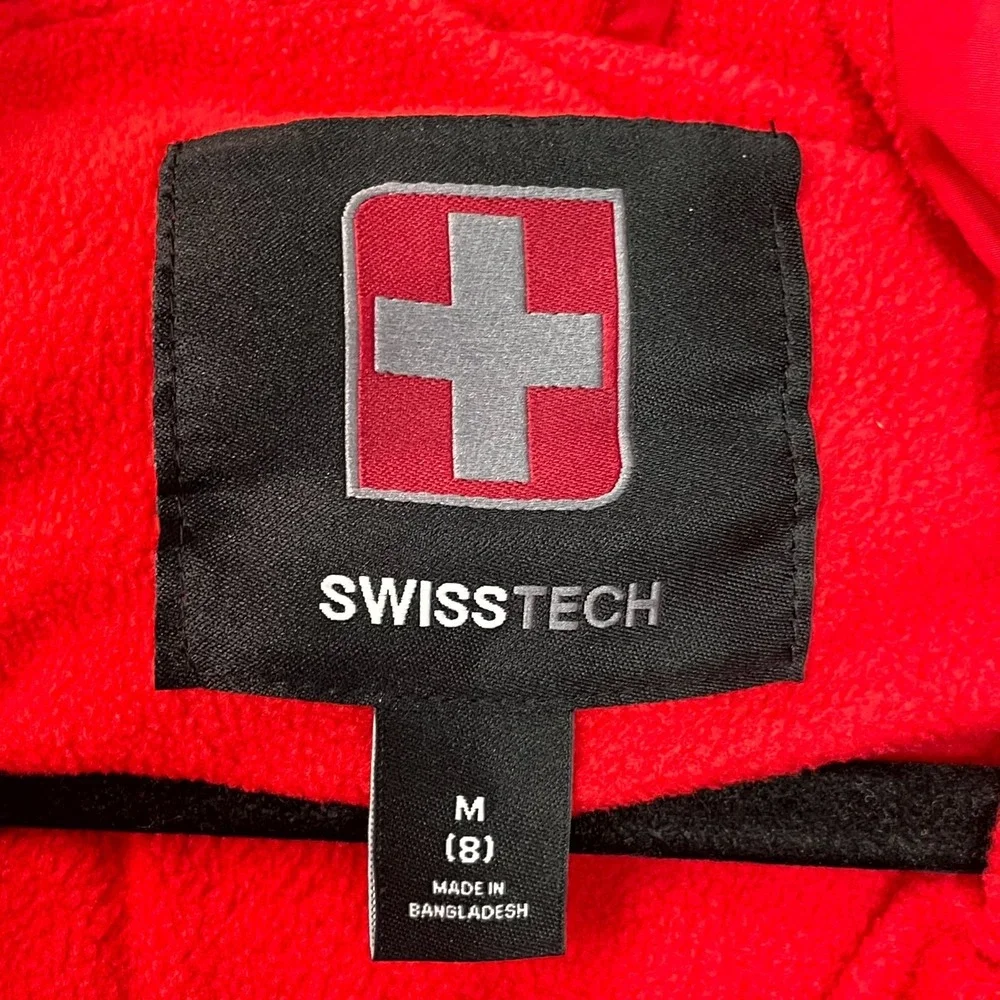 Swiss Tech Puffer Jacket Boys Medium (8) Red Insulated Camping Wind Proof Hooded